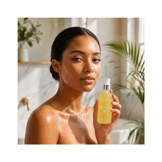 Woman holding a bottle of Embellish Skin Care Essence Body Oil in a bright bathroom setting