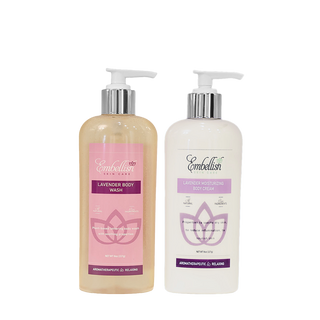 Two bottles of Embellish Lavender Body Wash and Body Cream on a white background