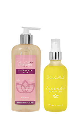 Two bottles of Embellish lavender body products on a white background